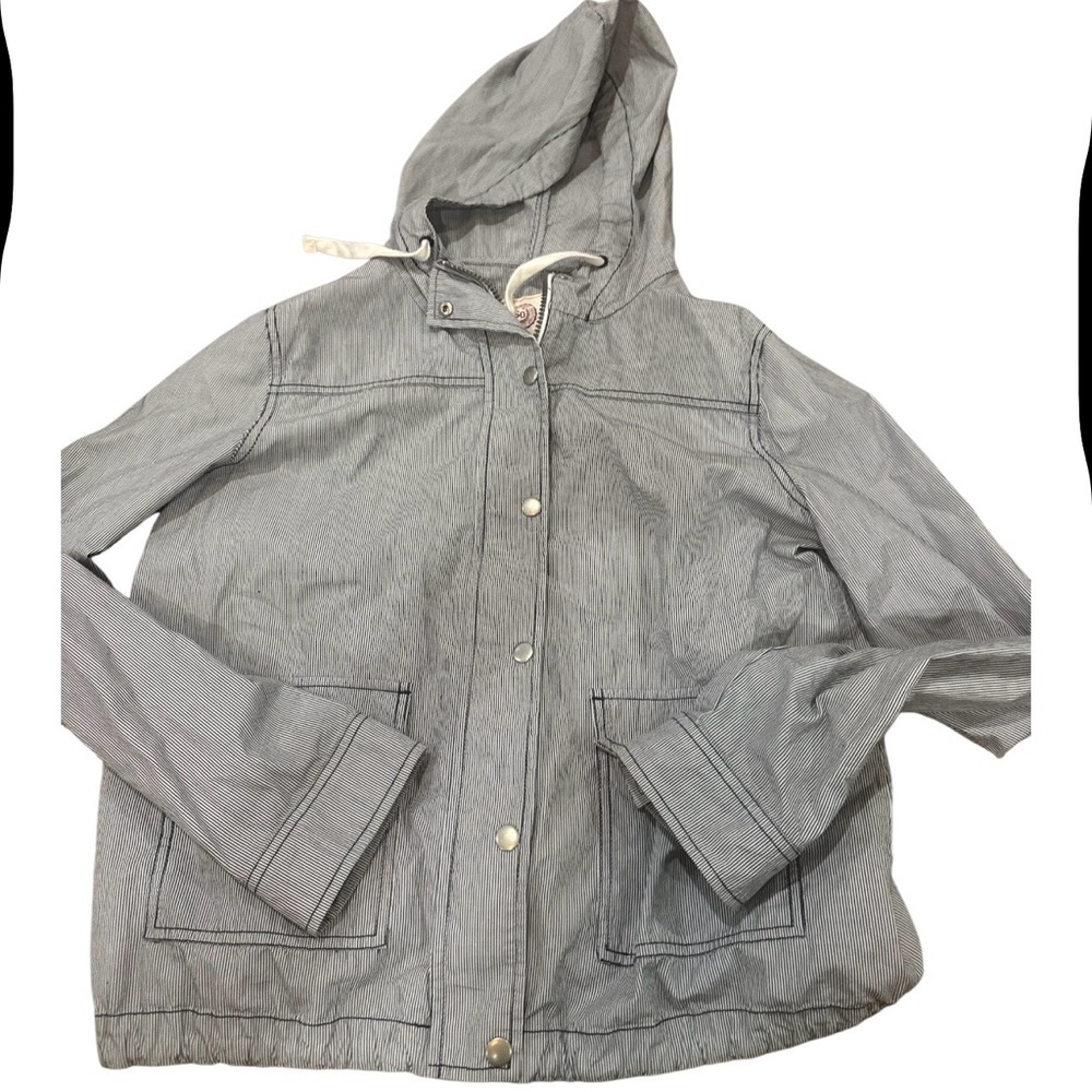 SO Womens Lightweight Jacket Soze L Zip Front Pockets Hooded Blue White Stripped